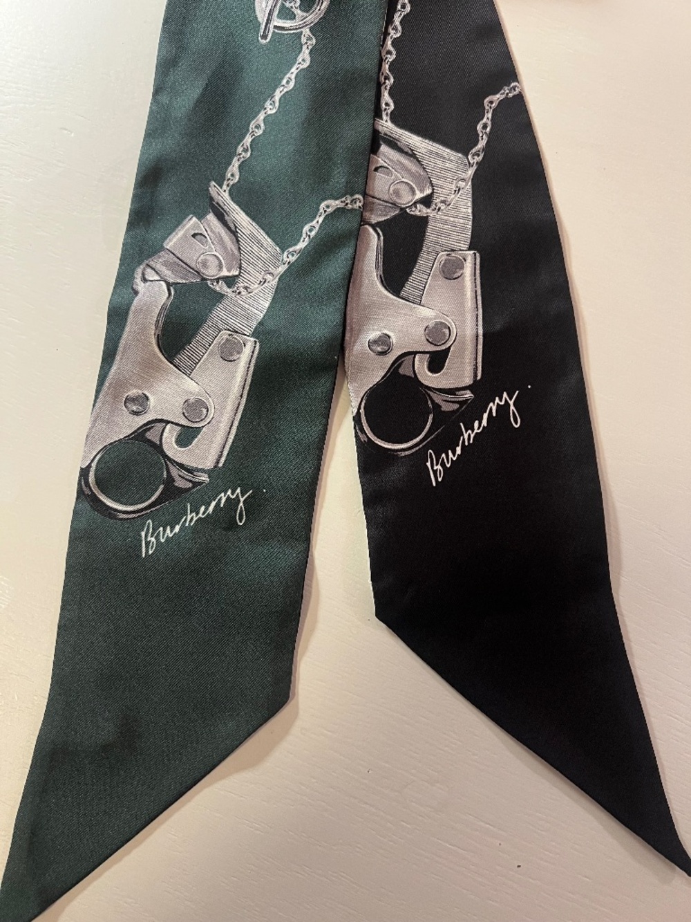Burberry Black and Forest Green Print Silk Skinny Scarf